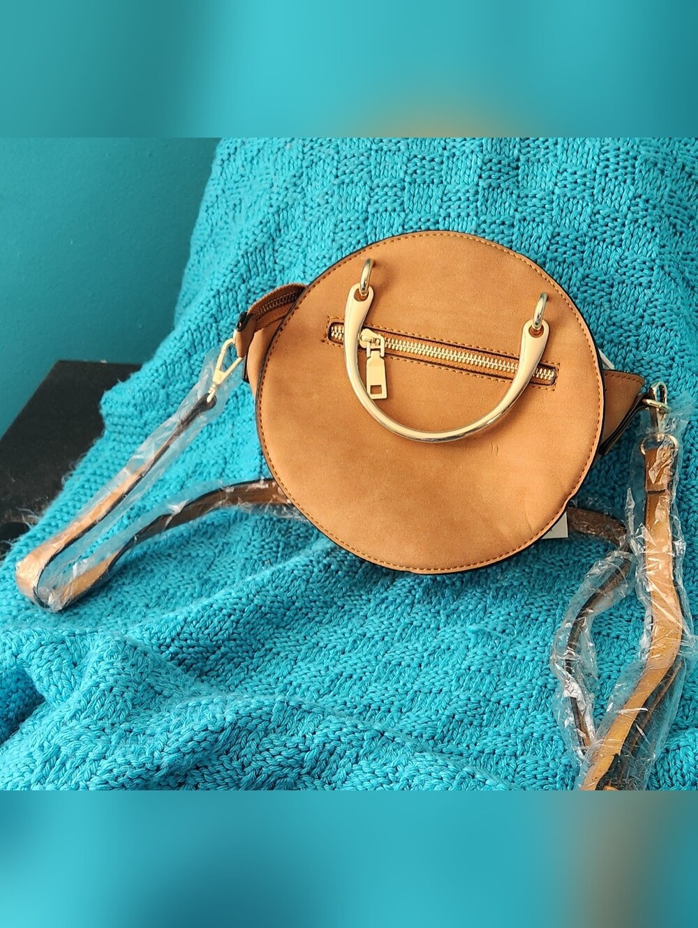NWT Isabelle Handbag Tan 8" Round w/ Gold Handle 52" Strap Vegan Friendly Purse